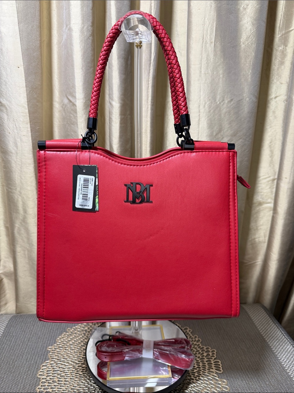 Badgley Mischka Red Braided-Handle Satchel with Logo Accent